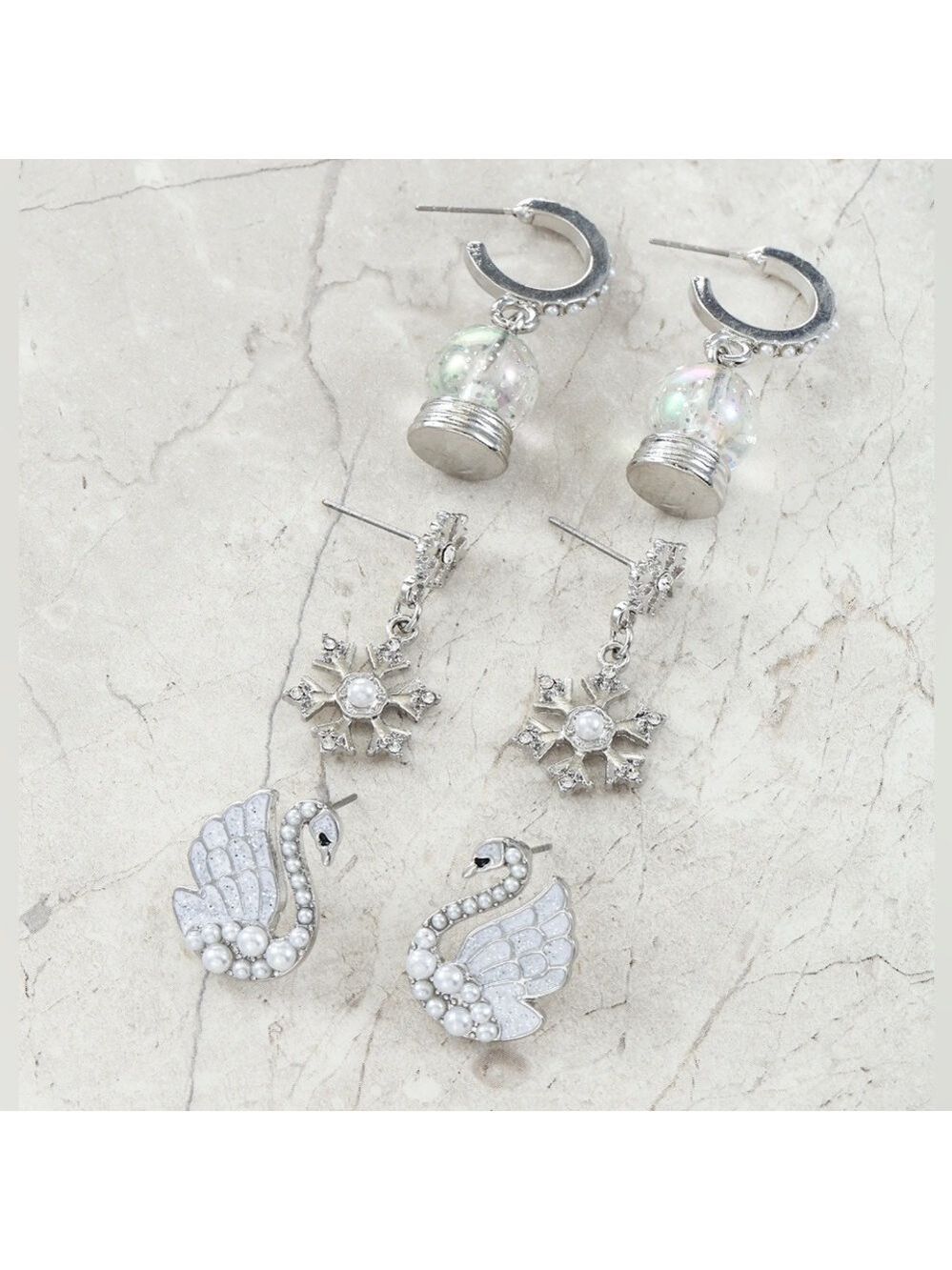 ❄️ Winter Swan Snowflake & Snow-globe Pearl Earring Set Hypoallergenic